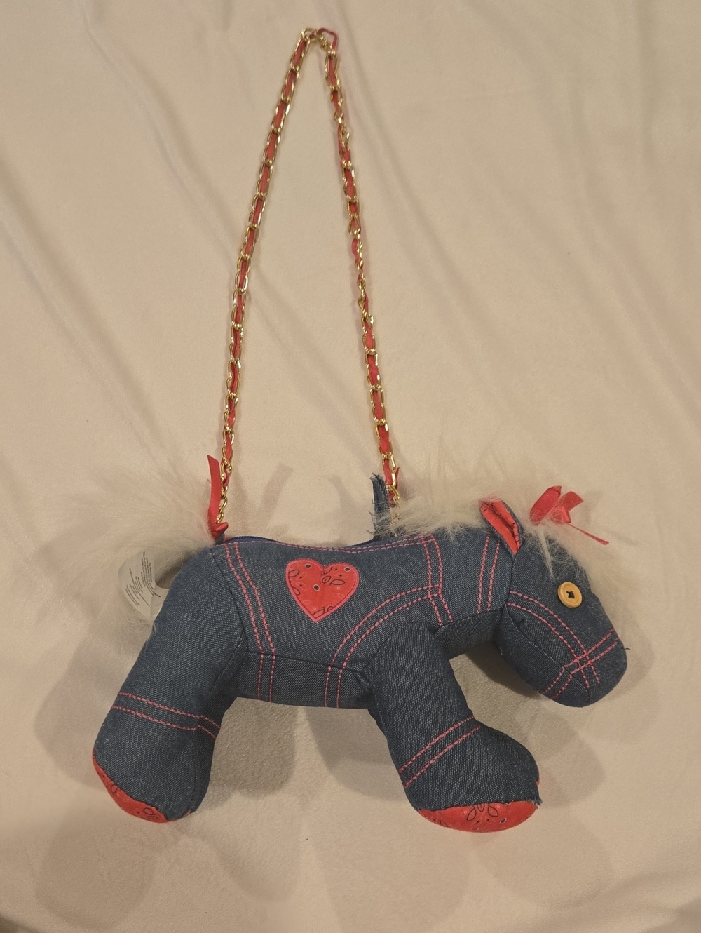 Denim Pony Shoulder Bag with Heart Patch